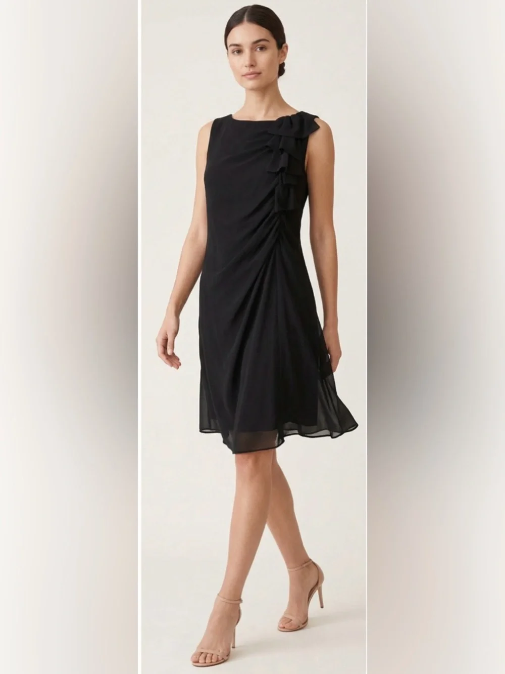 90s Asymmetrical Black Chiffon Dress – Draped Knee-Length with Shoulder Ruffle - Picture 4 of 15